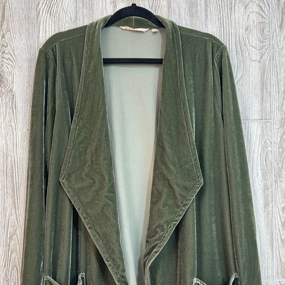 Soft Surroundings Olive Green Shawl Collar Stretch Velour Cardigan Jacket Large - Picture 3 of 14